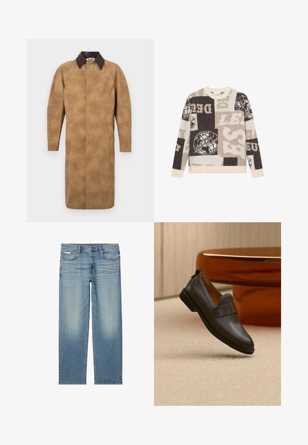 Beige Wildledermantel mit einem braunen Lederkragen, langen Ärmeln, Seiten Taschen und einem geraden Schnitt. Glatte Textur mit minimalen Details.; Strickpullover mit einer Mischung aus Beige-, Braun- und Cremetönen, mit grafischen Mustern und Textelementen in verschiedenen Größen. Runder Ausschnitt und gerippte Bündchen.; Hellblaue Jeans mit geradem Bein, ausgewaschenen Details, vorderem Knopf und Reißverschluss sowie einem Fünf-Taschen-Design inklusive kleinem Calvin Klein Label auf der Tasche.; Dunkelbrauner Lederloafer mit niedrigem Absatz, der über einem beigen Teppich schwebt, neben einem glänzenden, abgerundeten, bernsteinfarbenen Tisch.