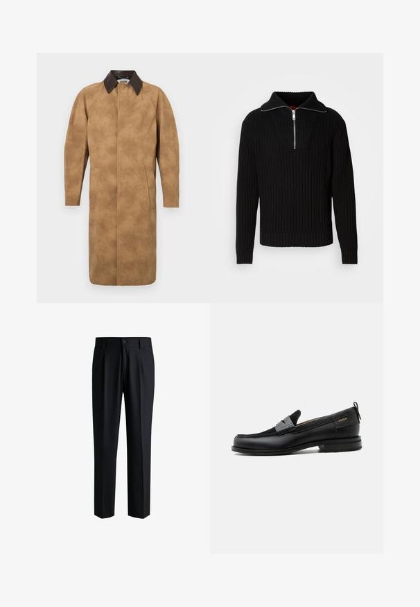 Beige Wildledermantel mit einem braunen Lederkragen, langen Ärmeln, Seiten Taschen und einem geraden Schnitt. Glatte Textur mit minimalen Details.; Schwarzer gerippter Pullover mit hohem Kragen und kurzem Reißverschluss. Verfügt über einen strukturierten Stoff und enganliegende Bündchen, die eine konturierte Silhouette bieten.; Schwarze Hose aus glattem Stoff, mit geradem Bein-Design, Falten vorne und einem Knopfverschluss mit Gürtelschlaufen.; Schwarzer Lederloafer mit grauem Riemendetail, niedrigem Absatz und strukturierter Sohle, seitlich mit „HUGO“ in Gold gebrandmarkt.