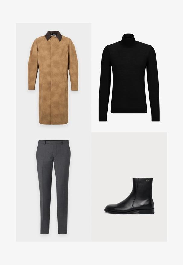 Tan suède jas met een bruine leren kraag, lange mouwen, zijzakken en een recht gesneden ontwerp. Glad textuur met minimale details.; Zwarte coltrui van zacht materiaal, met lange mouwen en een snug fit. Geribbelde afwerking aan de onderkant en mouwen. Eenvoudig ontwerp.; Grijze op maat gemaaktebroek met een gladde textuur, rechte pasvorm, platte voorkant en riemlussen. Bevat een subtiel ruitpatroon en een plooi aan de voorkant.; Zwarte leren enkellaars met lage hak, zijstiksels en klein "HUGO" logo op de bovenste boord tegen een effen achtergrond.