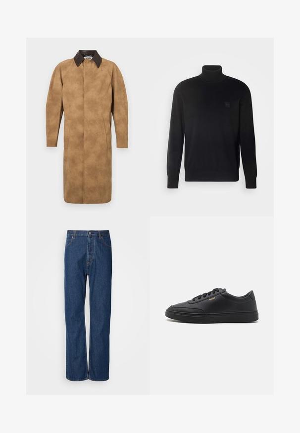 Beige Wildledermantel mit einem braunen Lederkragen, langen Ärmeln, Seiten Taschen und einem geraden Schnitt. Glatte Textur mit minimalen Details.; Schwarzer Rollkragenpullover mit langen Ärmeln, geripptem Kragen und Bündchen, aus einem glatten Stoff gefertigt. Mit einem kleinen Logo-Patch auf der Brust.; Blaue Jeans aus Denim mit geradem Bein, ausgestattet mit einem Knopfverschluss, fünf Taschen und kontrastierenden Nähten entlang der Säume.; Schwarze Leder-Sneaker mit glatter Textur, runder Zehenpartie, flacher Gummisohle und einfarbigen Schnürsenkeln. Mit goldfarbenem "BOSS" Logo an der Seite.
