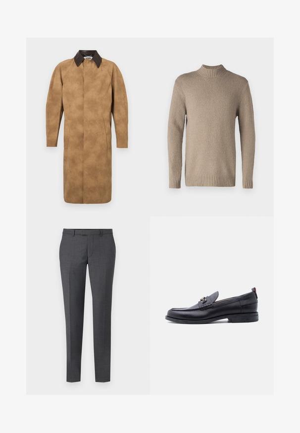 Beige Wildledermantel mit einem braunen Lederkragen, langen Ärmeln, Seiten Taschen und einem geraden Schnitt. Glatte Textur mit minimalen Details.; Beiger Strickpullover mit strukturiertem Obermaterial, geripptem Kragen und Bündchen. Hat lange Ärmel und einen geraden Saum für ein klassisches Design.; Grau maßgeschneiderte Hosen mit glatter Textur, geradem Schnitt, flachem Frontdesign und Gürtelschlaufen. Sie verfügen über ein dezentes Karomuster und eine Bügelfalte vorne.; Schwarzer Lederloafer mit grauem, strukturiertem Vorderblatt, silberner Metallschnalle, niedrigem Absatz und Zuglasche hinten.