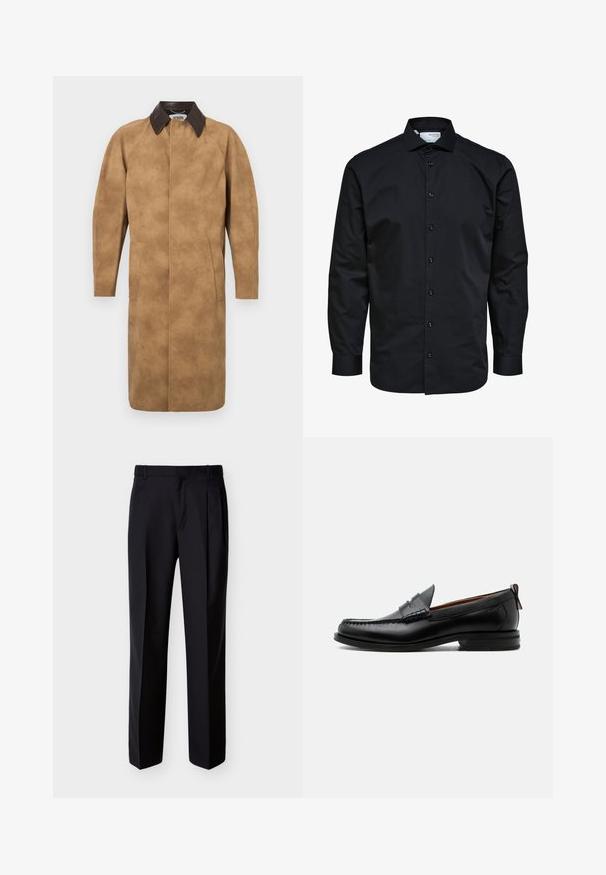 Tan suède jas met een bruine leren kraag, lange mouwen, zijzakken en een recht gesneden ontwerp. Glad textuur met minimale details.; Heren zwarte blouse met lange mouwen met knoopsluiting aan de voorkant en klassieke kraag, gemaakt van gladde stof.; Zwarte, op maat gemaakte broek met rechte pasvorm, geplooide voorkant en zijzakken. Gemaakt van een gladde, lichtgewicht stof met een effen patroon.; Zwarte leren herensloffen met moc toe stiksel, pennyriem, gestructureerde kraag en lage gestapelde hak op witte achtergrond.
