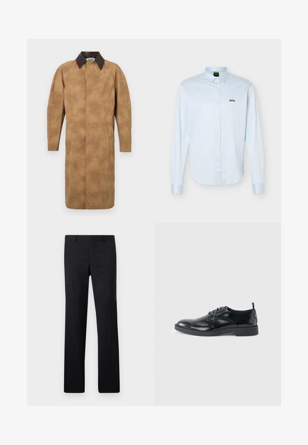 Beige Wildledermantel mit einem braunen Lederkragen, langen Ärmeln, Seiten Taschen und einem geraden Schnitt. Glatte Textur mit minimalen Details.; Hellblaues langärmliges Hemd mit Knopfleiste und Kragen, schwarzem "BOSS"-Logo auf der linken Brust und geknöpften Manschetten.; Schwarze maßgeschneiderte Hose mit geradem Schnitt, scharfen Falten und glatter Oberfläche. Hergestellt aus leichtem Stoff mit einem sauberen Bund.; Glänzender schwarzer Lederschuh mit niedrigem Absatz, Schnürverschluss und runder Kappe, seitlich auf hellem, schlichten Hintergrund gezeigt.