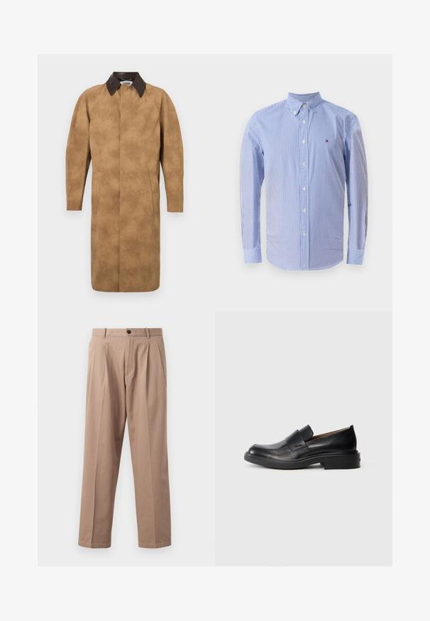 Tan suède jas met een bruine leren kraag, lange mouwen, zijzakken en een recht gesneden ontwerp. Glad textuur met minimale details.; Gestreepte button-down shirt in blauw en witte katoen. Heeft een gespreide kraag, lange mouwen en een klein logo op de borst.; Beige broek van katoen, met een rechte pijp, voorplooien, een knoopsluiting en zijzakken. Soepele textuur.; Zwarte leren instap schoenen met een lage hak en subtiel Calvin Klein-logo aan de zijkant, weergegeven in profiel op een witte achtergrond.