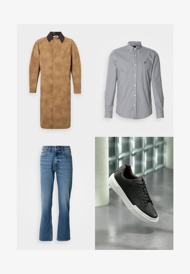 Beige Wildledermantel mit einem braunen Lederkragen, langen Ärmeln, Seiten Taschen und einem geraden Schnitt. Glatte Textur mit minimalen Details.; Gestreiftes langärmliges Hemd in Marineblau und Weiß, mit Button-Down-Kragen, vorderer Knopfleiste und Logo-Detail auf der Brust.; Hellblaue Denim-Jeans mit geradem Schnitt und leicht ausgestelltem Bein. Verfügt über fünf Taschen, einen Knopfverschluss und dezente Waschungseffekte.; Schwarzer Ledersneaker mit weißer, dicker Sohle und schwarzen Schnürsenkeln, schwebt über einem grauen Betonboden in der Nähe einer Glasbausteinwand.