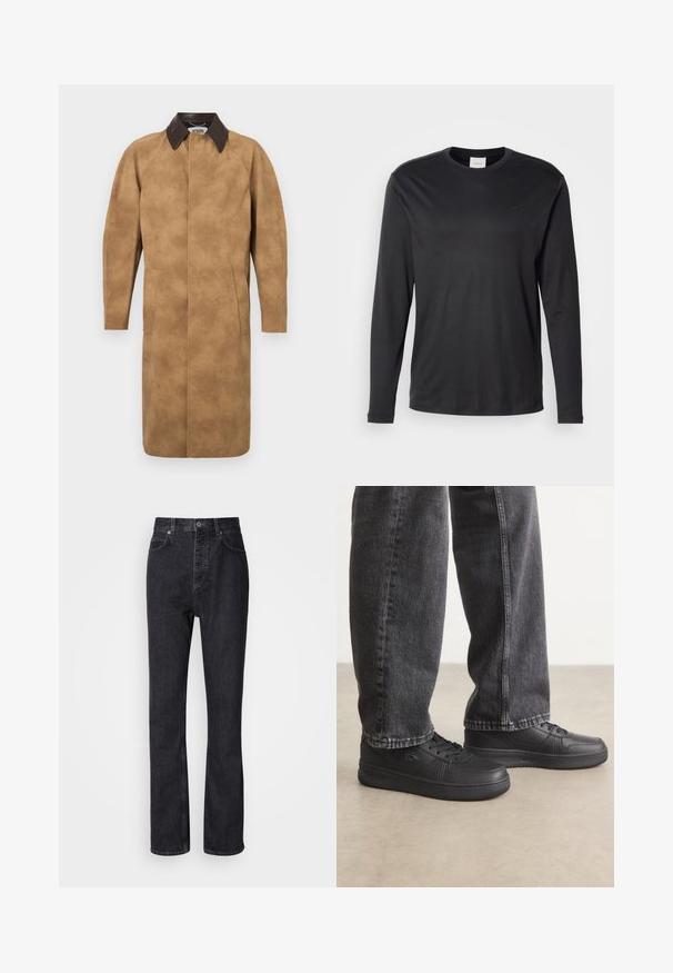 Tan suède jas met een bruine leren kraag, lange mouwen, zijzakken en een recht gesneden ontwerp. Glad textuur met minimale details.; Zwarte longsleeve crewneck shirt van Calvin Klein met klein CK-logo op de linkerborst, weergegeven op een witte achtergrond.; Hoge taille zwarte denim jeans met een knoop- en ritssluiting, voor- en achterzakken en een rechte pasvorm.; Zwarte leren sneakers met platte veters, een gladde textuur, subtiele perforaties en logo-detail, gecombineerd met een donkerdenim spijkerbroek.