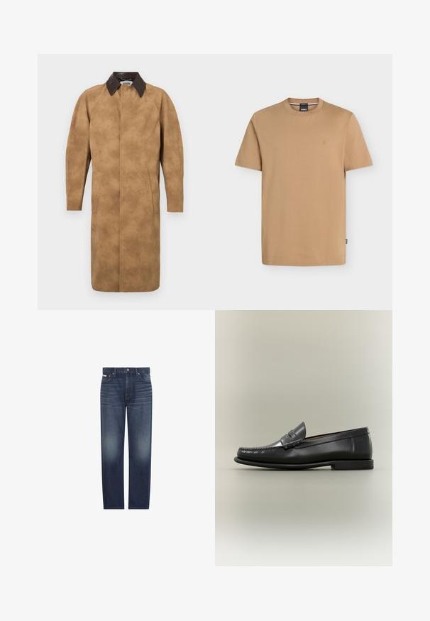 Abrigo de ante marrón claro con cuello de cuero marrón, mangas largas, bolsillos laterales y un diseño recto. Textura suave con un detalle mínimo.; Camiseta beige de manga corta y cuello redondo con pequeño logo bordado en el lado izquierdo del pecho y etiqueta de la marca dentro del cuello.; Vaqueros azul oscuro de pierna recta con un sutil desgaste en los muslos y arrugas cerca de los bolsillos delanteros, con botones delanteros y trabillas para cinturón.; Mocasín de hombre de cuero negro con diseño moc-toe, tira de tipo penny y tacón bajo sobre fondo neutro.