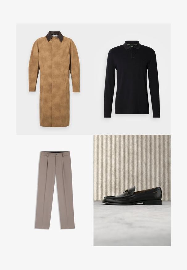 Beige Wildledermantel mit einem braunen Lederkragen, langen Ärmeln, Seiten Taschen und einem geraden Schnitt. Glatte Textur mit minimalen Details.; Schwarzes Langarm-Polohemd aus glattem Stoff. Verfügt über einen Kragen, eine Dreiknopfleiste und ein dezentes Logo auf der Brust.; Hellbraune, maßgeschneiderte Herrenhose mit Gürtelschlaufen, Bügelfalten, vorderem Knopf und Reißverschluss, flach auf weißem Hintergrund liegend.; Schwarzer Lederloafer mit goldfarbenem Metallbit und "HUGO"-Markenlogo, präsentiert vor einem beigen Teppich und braunen durchsichtigen Möbelstücken.