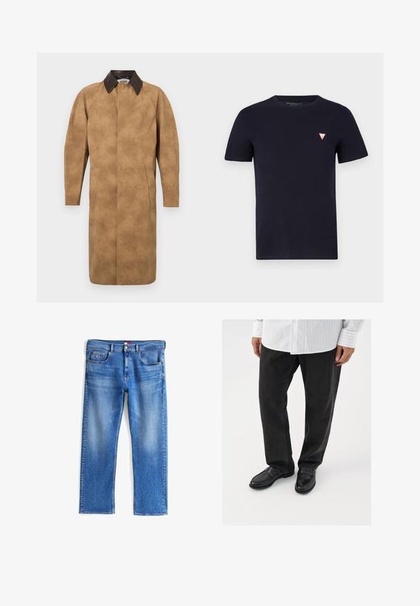 Beige Wildledermantel mit einem braunen Lederkragen, langen Ärmeln, Seiten Taschen und einem geraden Schnitt. Glatte Textur mit minimalen Details.; Marineblaue Baumwoll-T-Shirt mit Rundhalsausschnitt und kurzen Ärmeln; verfügt über ein kleines rotes Dreieck-Logo auf der linken Brust.; Blaue Jeans aus Denim mit geradem Bein, ausgestattet mit Vorder- und Gesäßtaschen, silbernen Beschlägen und subtilen Verwaschungen entlang des Stoffes.; Schwarze Jeans kombiniert mit glänzenden schwarzen Slippern. Das Hemd ist weiß mit dünnen vertikalen Streifen, hat lange Ärmel und einen geknöpften Kragen.