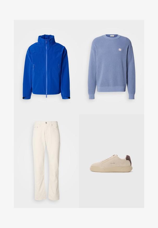 Lysblå vandtæt jakke med høj krave, fuld frontlynlås, to lynlåslommer på siden og justerbare manchetter. Glat tekstur.; Lyseblå strikket sweater med en ribbet tekstur, rund hals og en let oversized pasform. Har et lille logo patch på brystet.; Beige bomuldsjeans med et klassisk lige ben-design, der har en forreste knaplukning, fem lommer og diskrete syninger.; Beige ruskind sneakers med rund tå, snørret foran og en brun ruskindsdetalje på hælen. Har en tekstureret gummisål.