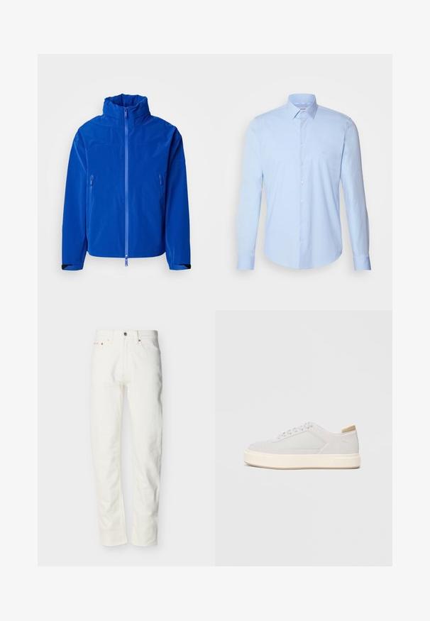 Helle blaue wasserdichte Jacke mit hohem Kragen, vollem Frontreißverschluss, zwei seitlichen Reißverschlusstaschen und verstellbaren Bündchen. Glatte Textur.; Hellblaues Button-up-Hemd aus Baumwolle, mit klassischem Kragen, langen Ärmeln und kleinem Logo auf der Brust. Glatte Textur.; Herren-Jeans aus weißem Denim mit geradem Bein, vorderer Knopfleiste und Reißverschluss, Gürtelschlaufen und Fünf-Taschen-Design.; Hellgraue Sneaker mit einer glatten Synthetik-Oberfläche, runder Spitze und einer strukturierten cremefarbenen Zwischensohle. Helle tanfarbene Akzente an der Ferse.