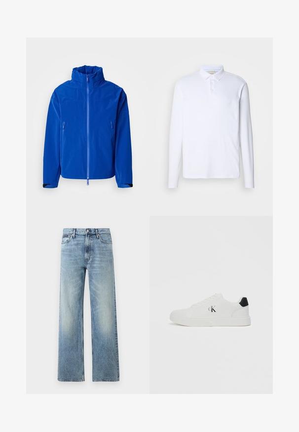 Lysblå vandtæt jakke med høj krave, fuld frontlynlås, to lynlåslommer på siden og justerbare manchetter. Glat tekstur.; Langærmet hvid polo-shirt lavet af blødt stof, med en klassisk krave, tre knaplukninger og et diskret logo på brystet.; Lyseblå denim jeans med lige ben, højt talje, fem lommer, knaplukning og diskrete falmede områder på lår og knæ.; Hvide sneakers med glat læderoverdel, rund tå, sort hælende accent og "CK" logo på siden. Har snørebåndsdesign og flad sål.