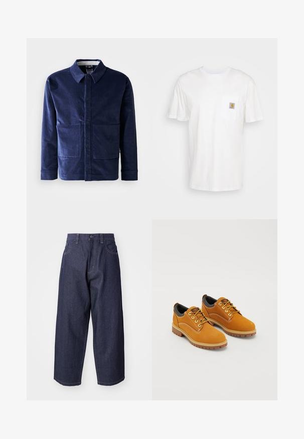 dunkelblaue Cordjacke mit Knopfverschluss, spitzem Kragen und zwei großen Fronttaschen. Glatte Textur und taillierte Passform.; Weißes Baumwoll-T-Shirt mit kurzen Ärmeln, einer Brusttasche und einem kleinen quadratischen Logopatch in Orange und Weiß auf der Tasche.; Dunkelblaue Denim-Jeans mit einem lockeren, weiten Schnitt. Zu den Merkmalen gehören ein Knopfverschluss, Fronttaschen und sichtbare Nähte.; Braune Wildlederschuhe mit einer runden Zehenpartie, gelben Schnürsenkeln, einem gepolsterten schwarzen Kragen und Gummisohlen mit Rillen für besseren Halt.
