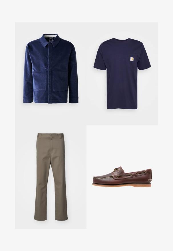 Donkerblauwe corduroy jas met een knoopsluiting aan de voorkant, een puntige kraag en twee grote voorzakken. Glad oppervlak en getailleerde pasvorm.; Navyblauwe katoenen t-shirt met korte mouwen, ronde hals en linkerkant borstzak met een geel en wit Carhartt-logo erop geborduurd.; Bruine rechte broek met riemlussen, voorrits en zonder zichtbare zakken, weergegeven op een witte achtergrond.; Bruine leren bootschoen met witte stiksels, veterdetails en beige rubberen zool, zijaanzicht op een witte achtergrond.