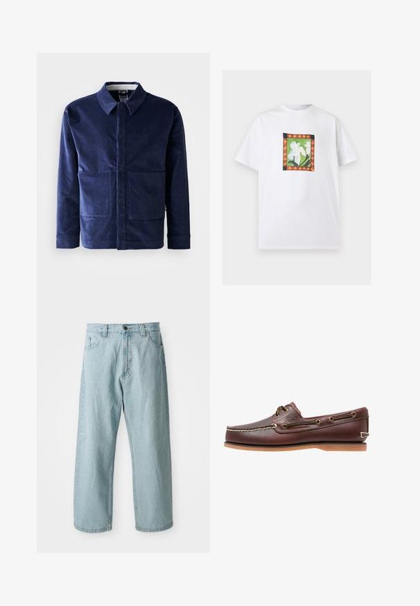 Mørkeblå fløyelsjakke med knaplukning fortil, spiss krave og to store forlommer. Glat tekstur og skræddersyet pasform.; Hvid T-shirt med korte ærmer og et centreret firkantet design med hvide blomster på en grøn baggrund, indrammet af en orange og sort mønstrede kant.; Lys blå denim jeans med et bredt ben-design. Har fem lommer, frontknap og lynlås lukning, samt en let falmet tekstur.; Brun læder bådsko med hvide sømme, snøre detaljer og lysbrun gummisål, vist fra siden på hvid baggrund.