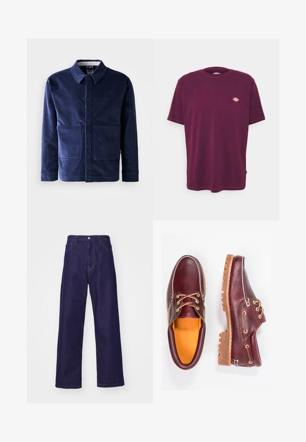 Donkerblauwe corduroy jas met een knoopsluiting aan de voorkant, een puntige kraag en twee grote voorzakken. Glad oppervlak en getailleerde pasvorm.; Bordeaux katoenen T-shirt met een ronde hals, korte mouwen en een klein meerkleurig logo op de borst. Gladde textuur, standaard pasvorm.; Donkerblauwe denim wijde broek met hoge taille, voorzien van voorkruiszakken en een knoopsluiting, met een gladde, stevige textuur.; Bordeaux leren schoenen met bruine rubberen zolen, ronde neus, witte stiksels en gouden veterogen. Het interieur heeft een gele voering.