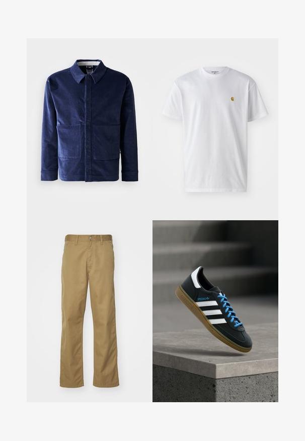 Mørkeblå fløyelsjakke med knaplukning fortil, spiss krave og to store forlommer. Glat tekstur og skræddersyet pasform.; Hvid bomulds t-shirt med korte ærmer, rund hals og et lille guld logo på venstre brystområde. Blød tekstur og almindelig pasform.; Khaki chinos med lige bendesign, lavet af glat bomuldsstof. Har en knaplukning foran og sidelommer.; Sort Adidas sneaker med hvide striber, blå snørebånd og gummisål, der svæver over gråt betontrin i blødt lys.