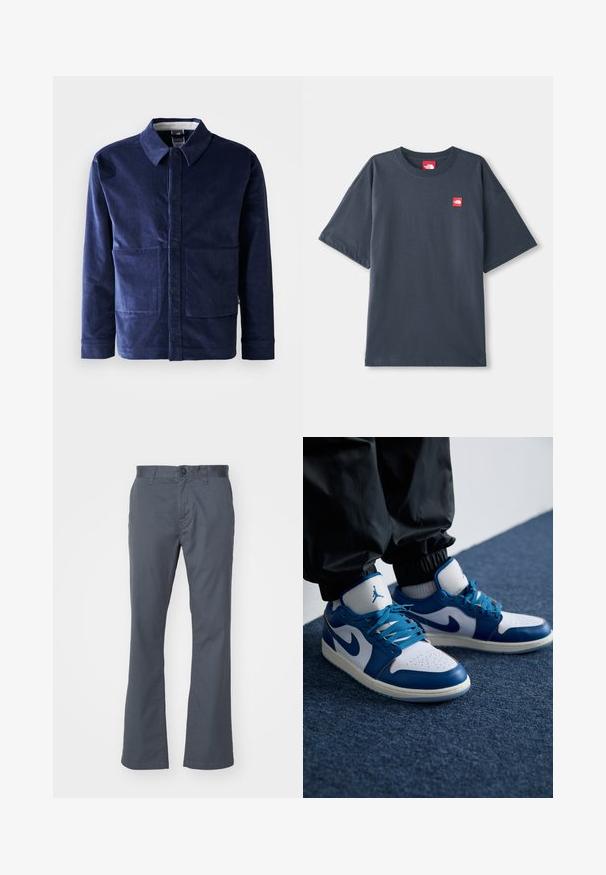 Donkerblauwe corduroy jas met een knoopsluiting aan de voorkant, een puntige kraag en twee grote voorzakken. Glad oppervlak en getailleerde pasvorm.; Donker marineblauw T-shirt met korte mouwen, gemaakt van katoen, met een rood logo-embleem op de linkerborst en een klassieke ronde hals.; Donkergrijze, recht gesneden broek van een katoenmix, met een knoopsluiting aan de voorkant, riemlussen en standaardzakken. Gladde textuur.; Nike Air Jordan sneakers hebben een witte leren basis met blauwe synthetische accenten, een geperforeerde neusdoos en blauwe veters.