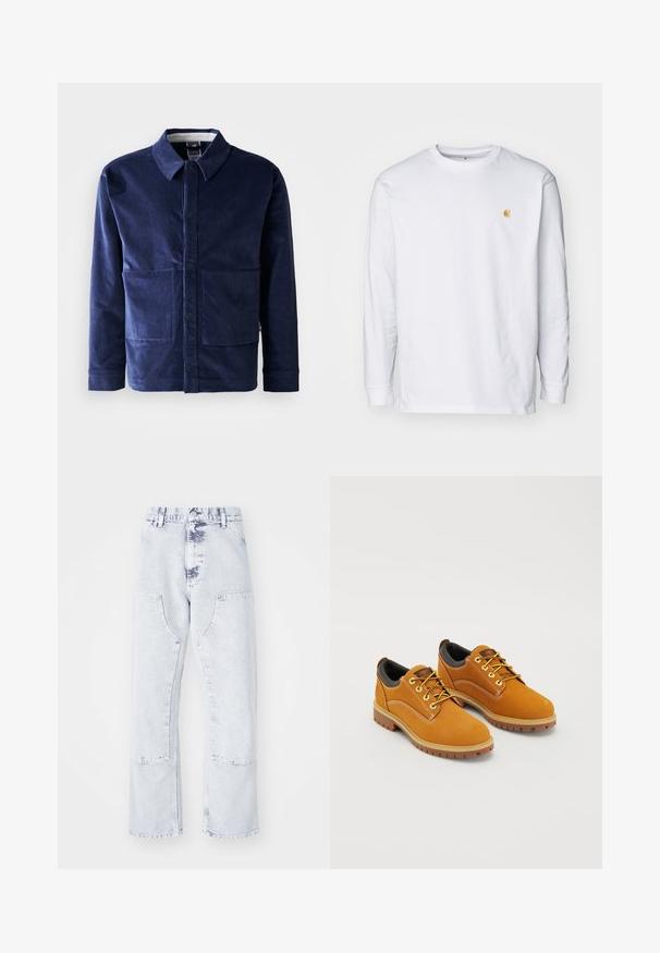 dunkelblaue Cordjacke mit Knopfverschluss, spitzem Kragen und zwei großen Fronttaschen. Glatte Textur und taillierte Passform.; Weißes Langarm-T-Shirt aus Baumwolle. Mit kleinem goldenem Logo auf der Brust und Rundhalsausschnitt. Einfaches Design und normale Passform.; Hellblaue Denim-Jeans im Straight-Leg-Schnitt mit aufgesetzten Taschen, hoher Taille und einem verwaschenen Finish. Mit tonalem Nähen und einem lässigen Schnitt.; Braune Wildlederschuhe mit einer runden Zehenpartie, gelben Schnürsenkeln, einem gepolsterten schwarzen Kragen und Gummisohlen mit Rillen für besseren Halt.