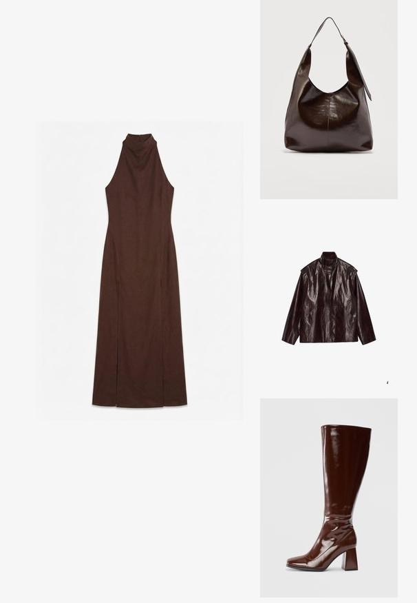 Chaqueta de cuero brillante marrón oscuro con cuello alto, mangas largas y dos bolsillos frontales, dispuesta plana sobre un fondo blanco.; Vestido largo sin mangas de color marrón oscuro con cuello alto y cintura ajustada, con aberturas laterales desde la rodilla hasta el bajo.; Botas de charol marrones hasta la rodilla con punta cuadrada, acabado brillante y un tacón ancho para mayor estabilidad. Diseño sin costuras sin herrajes visibles.; Bolso de hombro de cuero marrón oscuro brillante con una sola correa ancha y detalle de hebilla en un lado, colocado sobre un fondo claro y sencillo.