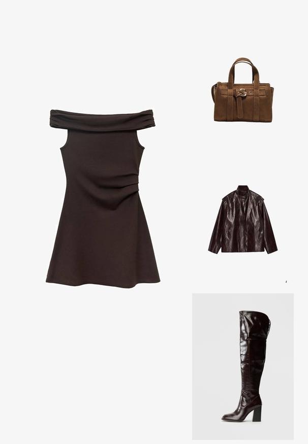 Dunkelbraune, glänzende Lederjacke mit hohem Kragen, langen Ärmeln und zwei vorderen Taschen, flach auf einem weißen Hintergrund ausgelegt.; Braunfarbiges, schulterfreies Kleid mit taillierter Corsage, aus weichem Stoff und gerafften Details an der Taille, das sich zu einem Rock im Skater-Stil ausweitet.; Kniehohe, glänzende Stiefel aus burgunderfarbenem Leder mit quadratischer Spitze und Blockabsatz, mit einem lässigen Design und minimalen Nähten.; Braune Wildlederhandtasche mit zwei kurzen Griffen, vertikalen Riemen und einer dekorativen goldenen Schnalle vorne in der Mitte.