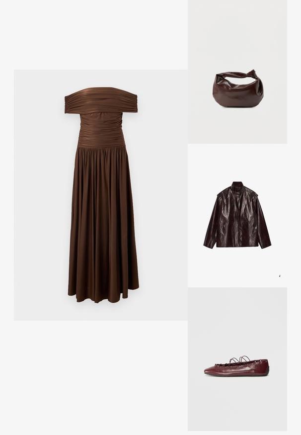 Chaqueta de cuero brillante marrón oscuro con cuello alto, mangas largas y dos bolsillos frontales, dispuesta plana sobre un fondo blanco.; Vestido largo marrón con los hombros descubiertos, corsé fruncido y falda fluida recogida sobre un fondo liso y claro.; Bailarina de cuero burdeos con punta afilada, detalles de encaje en la parte frontal y ojales plateados. Suela suave para flexibilidad y comodidad.; Bolso de hombro de cuero marrón oscuro con una forma suave y caída, y un asa con nudo torcido sobre un fondo blanco liso.
