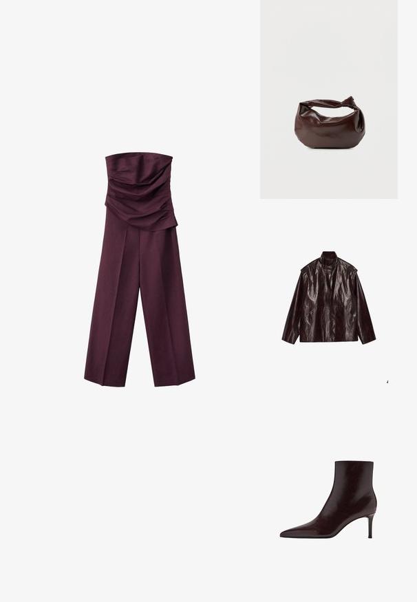 Mørkebrun, skinnet læderjakke med høj krave, lange ærmer og to forlommer, lagt fladt på en hvid baggrund.; Stropfri blommefarvet jumpsuit med en rynket, foldet overdel og vidde bukser, vist mod en hvid baggrund.; Bordeaux læder ankelstøvle med spids tå, slankt design og høj stilettohæl. Glat tekstur med subtile korndetaljer.; Mørkebrun læder skuldertaske med en blød, afslappet form og et snoet knudehåndtag på en ensartet hvid baggrund.