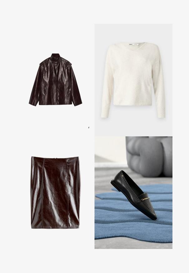 Mørkebrun, skinnet læderjakke med høj krave, lange ærmer og to forlommer, lagt fladt på en hvid baggrund.; V-hals creme sweater lavet af blødt materiale, med lange ærmer og ribbede manchetter, i et let cropped, løst design.; Højhalsede, tætsiddende nederdel lavet af skinnende, mørkebrunt syntetisk materiale med lodrette syninger og en glat tekstur.; Sort læderloafer med perforerede detaljer og guldlås, der hviler på et struktureret blåt tæppe med abstrakte former.