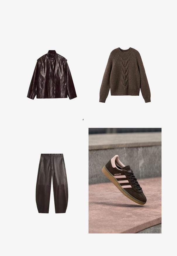 Dunkelbraune, glänzende Lederjacke mit hohem Kragen, langen Ärmeln und zwei vorderen Taschen, flach auf einem weißen Hintergrund ausgelegt.; Brauner Strickpullover mit rundem Halsausschnitt, langen Ärmeln und einem Zopfmuster, das die Vorderseite hinunterläuft. Gerippter Saum und Bündchen.; Dunkelbraune, hoch taillierte Lederhose mit weitem Bein, sichtbaren Nähten und seitlichen Taschen, flach auf weißem Hintergrund dargestellt.; Dunkelbrauner Veloursleder-Sneaker mit pinkfarbenen Akzenten, drei pinken Streifen, einer strukturierten Sohle und einem Logo an der Seite. Klassisches Low-Profile-Design.