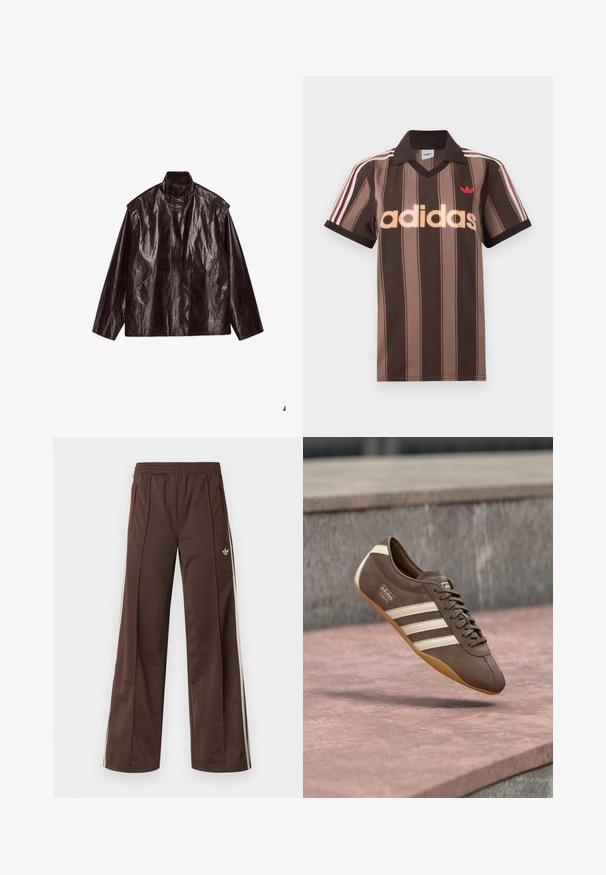 Mørkebrun, skinnet læderjakke med høj krave, lange ærmer og to forlommer, lagt fladt på en hvid baggrund.; Brunstribet Adidas polo-shirt med V-hals, bordeaux krave og rødt logo. Har hvide og røde skulderstriber samt korte ærmer.; Brune atletiske bukser med vidde ben, hvide striber på siden, elastisk linning og to sidelommer. Har et lille logo på benet.; Brun ruskindssneaker med hvide striber og branding, med rund tå og ydersål af gummibelagt gummi, hængende over en struktureret overflade.