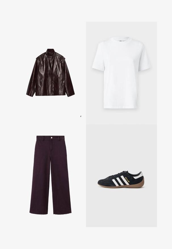 Mørkebrun, skinnet læderjakke med høj krave, lange ærmer og to forlommer, lagt fladt på en hvid baggrund.; Hvid bomulds T-shirt med rund hals, kortærmet og en glat tekstur. Designet med en afslappet pasform for komfort og alsidighed.; Vide ben, dyb lilla denimbukser med høj talje, design med fem lommer og rå kantdetaljer. Fås med lukning med metal knap.; Sort ruskindssneaker med tre hvide striber, gummisål og et lille gyldent logo på siden. Har en glat sort foring indvendigt.