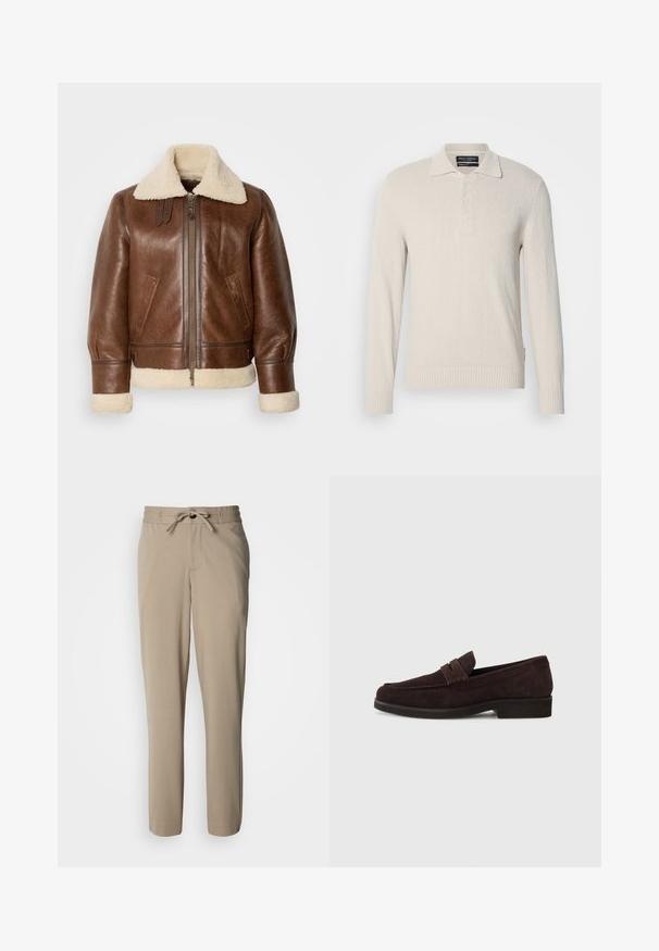 Veste aviateur en cuir marron avec un col et des poignets en shearling crème. Elle est dotée d'une fermeture éclair à l'avant, de poches latérales et d'épaules structurées.; Pull col polo à manches longues beige clair en tricot doux avec une finition texturée, doté d'un col classique et d'une patte de boutonnage à trois boutons.; Pantalon beige en tissu doux, doté d'une taille à cordon de serrage et d'une coupe décontractée, avec des jambes droites et sans poches visibles.; Mocassins en daim marron avec une silhouette basse et un embout arrondi. Présentent une sangle décorative sur le dessus, une semelle en caoutchouc plate et sans couture visible.