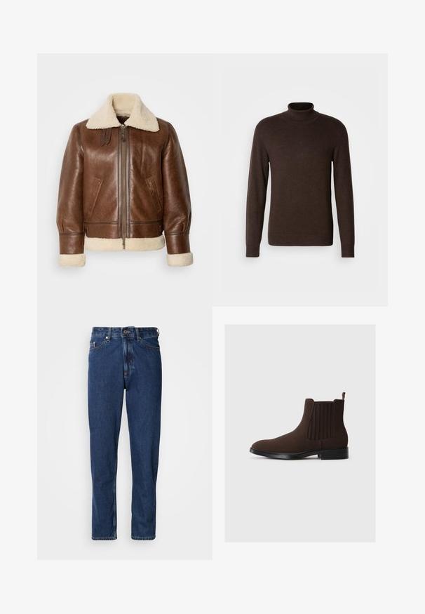 Veste aviateur en cuir marron avec un col et des poignets en shearling crème. Elle est dotée d'une fermeture éclair à l'avant, de poches latérales et d'épaules structurées.; Pull en col roulé marron en matériau doux, avec des manches longues et un col côtelé. Texture lisse avec une coupe ajustée.; Jean bleu foncé en denim, avec une coupe droite, style cinq poches et des coutures apparentes le long des coutures.; Bottines Chelsea en daim marron avec panneaux élastiques sur les côtés, talon bas et une languette à l'arrière. Texture lisse et design épuré.