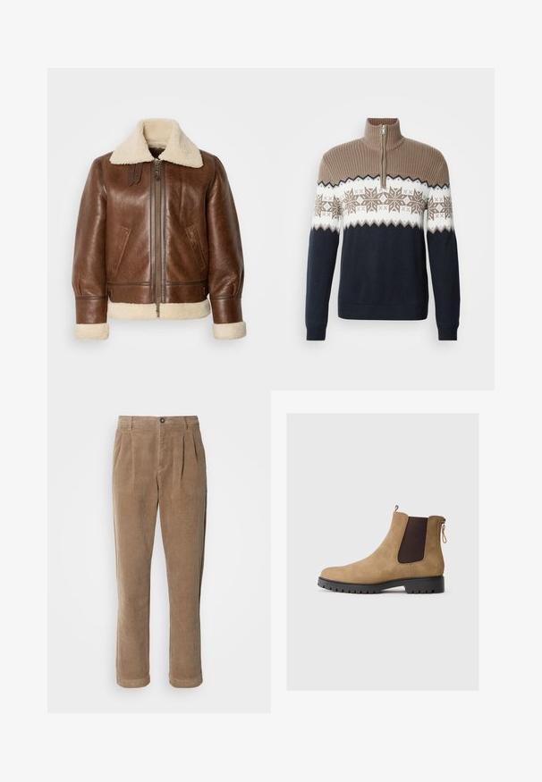 Veste aviateur en cuir marron avec un col et des poignets en shearling crème. Elle est dotée d'une fermeture éclair à l'avant, de poches latérales et d'épaules structurées.; Pull-over en tricot avec une demi-fermeture éclair. Présente un col côtelé beige, un motif flocon de neige en beige et blanc, un corps bleu foncé, et des manches longues.; Pantalons en velours côtelé marron à taille haute, avec des plis à l'avant, une fermeture à bouton et des jambes droites. Le tissu texturé est visible.; Bottine chelsea en daim beige avec un bout rond, des panneaux latéraux élastiques, une languette à l'arrière et une semelle en caoutchouc texturée pour une meilleure adhérence.