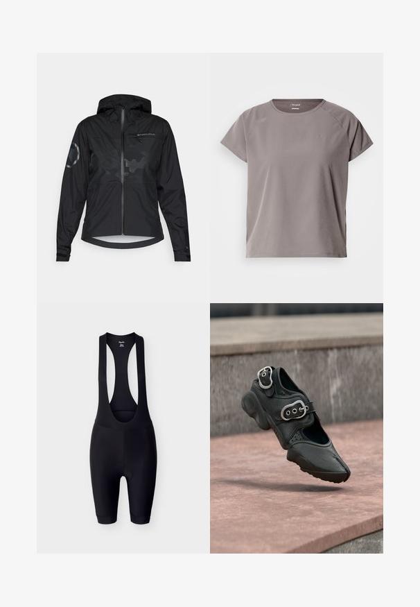 Veste noire imperméable avec capuche, fermeture éclair à l'avant et accents réfléchissants. Présente une finition mate et un motif camouflage subtil. Manches ajustables.; T-shirt de sport gris clair à manches courtes avec un col rond, une texture lisse et des fentes latérales pour faciliter les mouvements. Présente un logo sur la poitrine.; Cuissard de cyclisme noir avec siège rembourré et larges bretelles, taille petite, présenté sur un fond gris clair.; Chaussure noire à bout fendu avec deux boucles argentées, semelle épaisse et détails perforés, flottant au-dessus d'une surface en pierre.