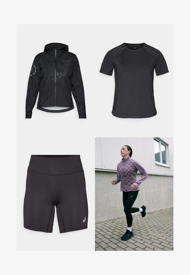 Veste noire imperméable avec capuche, fermeture éclair à l'avant et accents réfléchissants. Présente une finition mate et un motif camouflage subtil. Manches ajustables.; T-shirt de sport noir à manches courtes avec des manches raglan, texture lisse et col rond. Présente des coutures cousues et une coupe décontractée.; Shorts de sport noirs avec une texture lisse, un design ajusté et une taille haute. Ils présentent des coutures contrastantes et un petit logo sur la jambe inférieure.; Veste de course texturée violette avec un col haut, associée à des leggings noirs présentant des détails perforés discrets. Chaussures de course noires et chaussettes blanches.