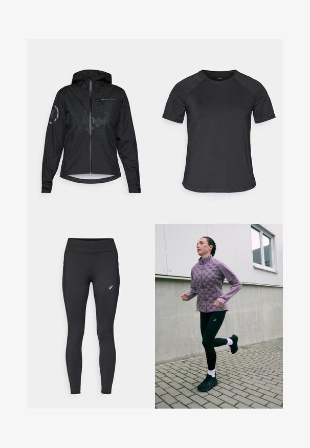Veste noire imperméable avec capuche, fermeture éclair à l'avant et accents réfléchissants. Présente une finition mate et un motif camouflage subtil. Manches ajustables.; T-shirt de sport noir à manches courtes avec des manches raglan, texture lisse et col rond. Présente des coutures cousues et une coupe décontractée.; ASICS CORE WINTER - Collants hiver - performance black; Veste de course texturée violette avec un col haut, associée à des leggings noirs présentant des détails perforés discrets. Chaussures de course noires et chaussettes blanches.