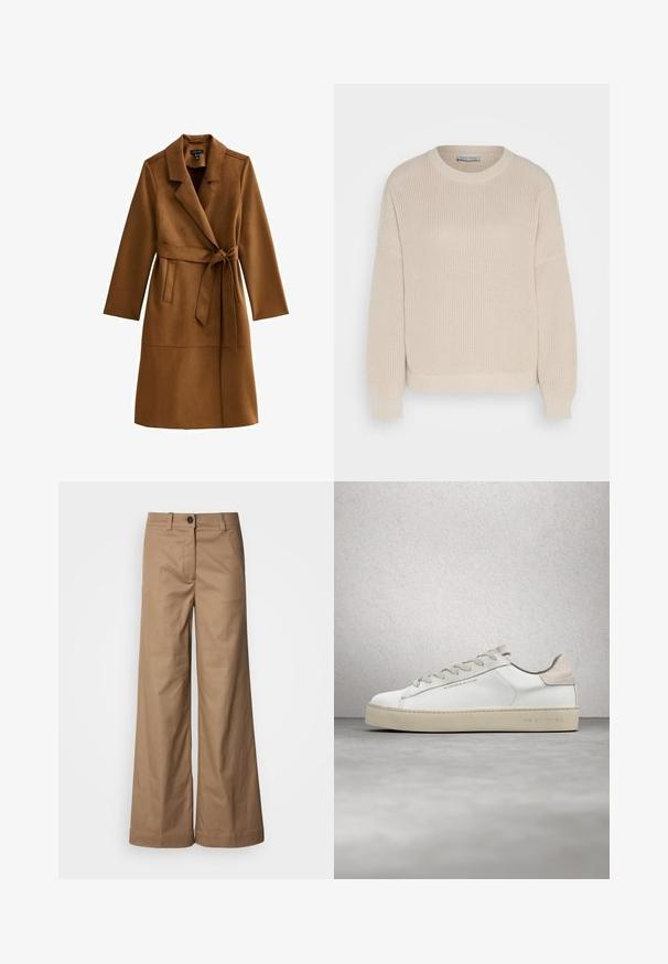 Ruskea tekonahkainen takki, jossa kietaisumalli, pitkät hihat ja solmittava vyö. Takissa on sivutaskut ja siisti kaulus.; Anna Field by Zalando Neule - grey; Housut, joissa on leveät lahkeet, valmistettu sileästä, ruskeasta kankaasta. Ominaisuuksiin kuuluu etupainike, vyölenkit ja sivutaskut. Siistit linjat ilman näkyviä kuvioita.; Valkoinen nahkakenkä, jossa on sileä pinta, beige mokkanahkavivahteita, pyöreä kärki, litteä nauhattava malli ja teksturoitu kumipohja.