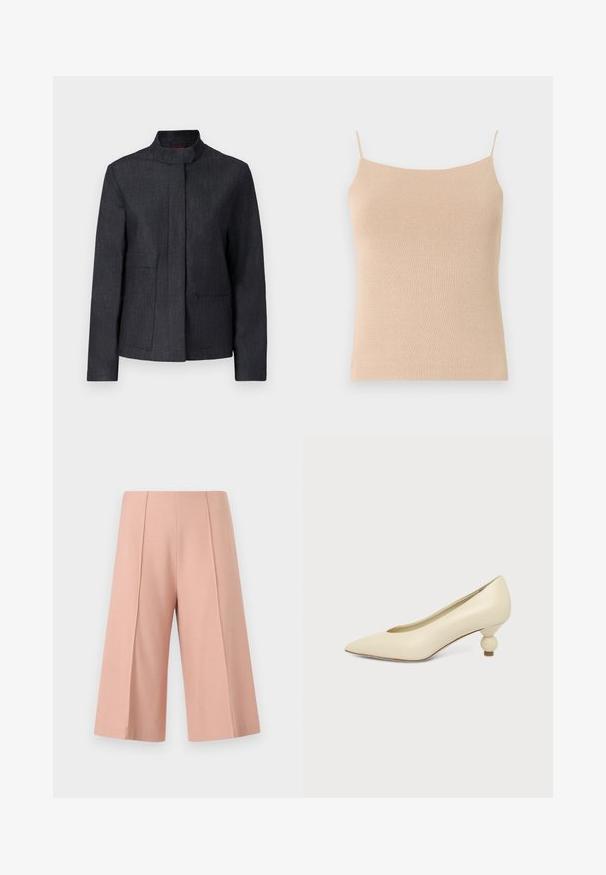 Donkergrijs jack met een staande kraag, twee voorkezen en een strakke uitstraling. Gemaakt van textiel met een structuur, wat zorgt voor een minimalistische look.; Beige gebreide top met dunne bandjes, met een aansluitend ontwerp en textuurstof, ideaal voor het dragen in lagen of casual gebruik.; AERON PEN - Shorts - mottled pink; Dames schoen in roomkleur met een puntige neus en een lage, ronde balvormige hak op een effen achtergrond.