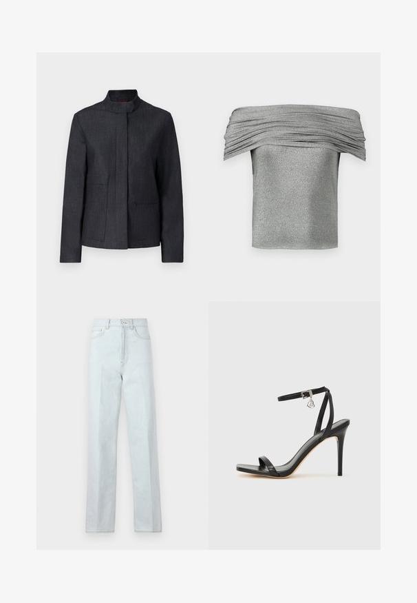 Donkergrijs jack met een staande kraag, twee voorkezen en een strakke uitstraling. Gemaakt van textiel met een structuur, wat zorgt voor een minimalistische look.; Zilveren off-shoulder top met geplooide textuur, gemaakt van een sprankelende stof. Korte, aansluitende stijl met een soepele afwerking.; Lichtblauwe denim wijdte jeans met een hoge taille, voorzien van een ritssluiting aan de voorkant, knoopsluiting en een klassieke vijfzakkenontwerp.; Zwarte sandaal met hoge hak, smalle enkelband, vierkante neus, soepel leermateriaal en metalen gespsluiting.