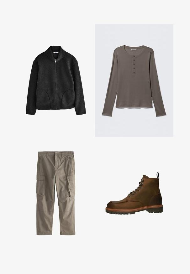 Sort fleecejakke med høj krave, fuld frontlynlås og to sidelommer. Teksturstof med en blød, luksuriøs fornemmelse.; Grå henley-shirt med lange ærmer, fem knapper og rund halsudskæring, vist på en ensartet hvid baggrund.; Khaki cargobukser med bæltestropper, lynlåslommer foran, sidelommer med trykknapper og lige ben.; Brune læder ankelstøvler med rundt tå, metal øjer og en robust gummisål. Indeholder en trækflap for nem påtagning.