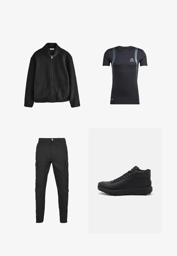 Zwarte fleecjack met hoge kraag, volledige rits aan de voorkant en twee zijzakken. Geweven stof met een zachte, pluizige textuur.; Zwart sportshirt met korte mouwen en grijze accenten, gemaakt van rekbare stof. Bevat een Adidas-logo op de linkerborst en Techfit-branding.; Zwarte cargobroek van duurzaam materiaal. Beschikt over meerdere zijzakken, een knoopsluiting en een taps toelopend ontwerp. Vlakke voorkant, geen patronen.; Zwarte high-top sneakers van gestructureerd leer, voorzien van een dikke rubberen zool met grippatronen en een vetersluiting. Rode accenten op de tong.