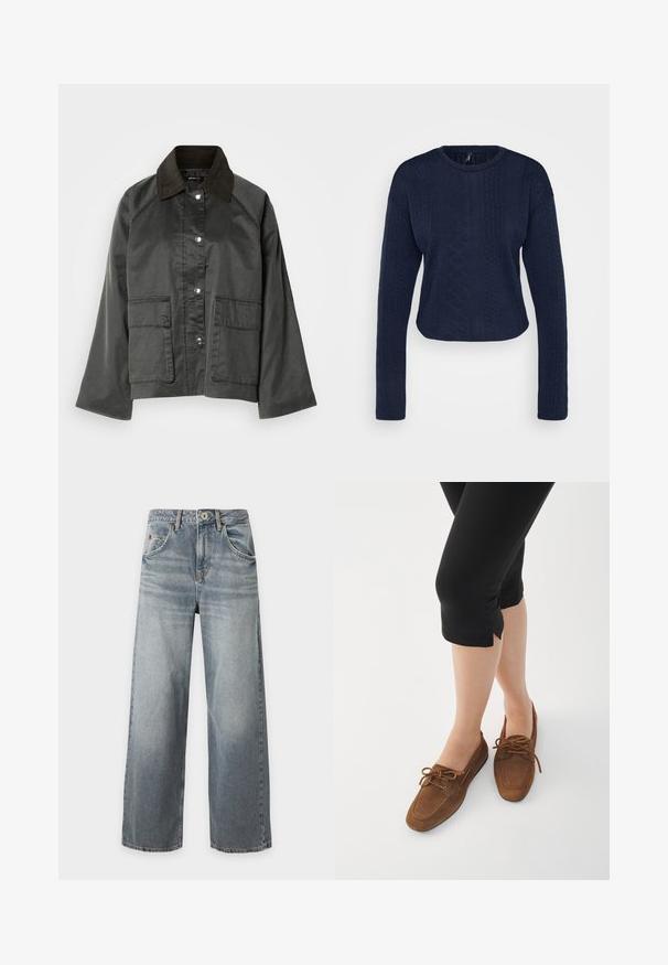 Front udsigt af en grå, letvægtsjakke med en mørkebrun krave, trykknapper og to store forlommer. Glat tekstur, afslappet design.; Marineblå cropped sweater i struktureret strik med lange ærmer, der har en rund halsudskæring og indviklede kabelmønstre overalt.; Lyseblå jeans med brede ben og falmet vask, frontknap og lynlåslukning, for- og baglommer samt bæltestropper, lagt fladt på hvid baggrund.; Brune ruskinds loafers med rund tå, snøre detaljer og lav profil. Båret med sorte cropped leggings mod en hvid baggrund.