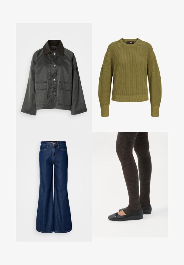 Voorkant van een grijze, lichte jas met een donkerbruine kraag, drukknoopsluitingen en twee grote voortassen. Gladde textuur, casual ontwerp.; Groen gebreide trui met lange mouwen, geribbelde manchetten en zoom en een ronde hals.; Brede donkerdenim jeans met een hoge taille, vijf zakken en metalen knoopsluiting. Glad oppervlak met subtiele stikdetails.; Benen met donkere geribbelde leggings gecombineerd met zwarte ballerina's met kleine strikdetails op een witte achtergrond.