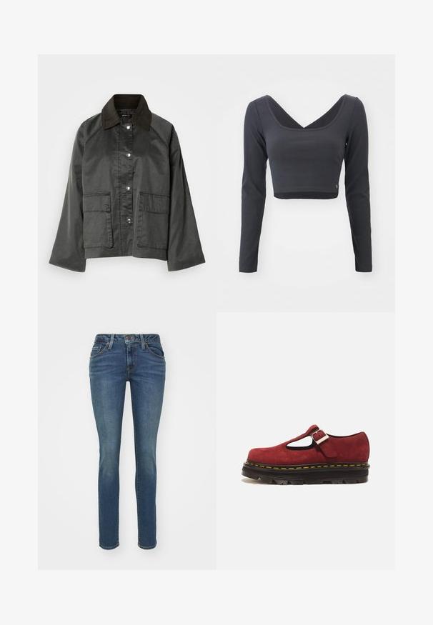 Front udsigt af en grå, letvægtsjakke med en mørkebrun krave, trykknapper og to store forlommer. Glat tekstur, afslappet design.; Langærmet, cropped top i mørkegrå ribbet stof. Har en dyb V-halsudskæring og ensfarvet med et lille logo ved sømmen.; Blå denim jeans i slim-fit med fem lommer, synlig syning og lynlås. Har en let brugt tekstur for ekstra detalje.; Rød ruskind Mary Jane-sko med tyk sort sål, gul syning og sølv spænde på hvid baggrund.
