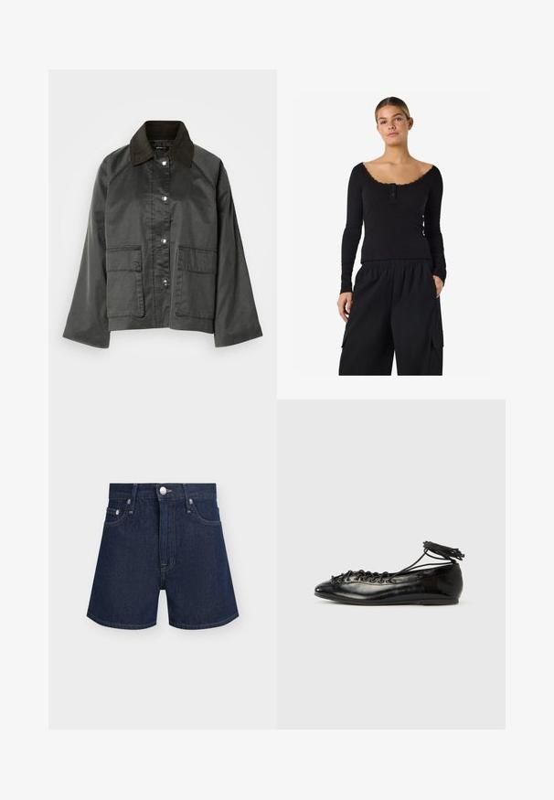 Front udsigt af en grå, letvægtsjakke med en mørkebrun krave, trykknapper og to store forlommer. Glat tekstur, afslappet design.; Kvinde iført sort ribbet bluse med lange ærmer, blondekant og knapper, kombineret med løse sorte cargobukser med lommer.; Mørkeblå denimshorts med knap og lynlås foran, bæltestropper og forlommer på ensfarvet lys baggrund.; Sorte balletflade sko i laklæder med rundet tå, snørelukning og flad sål. Glat tekstur med få detaljer.