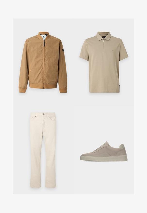 Bomber en marron clair avec col montant, poignets côtelés, deux poches latérales et un patch logo noir sur la manche gauche. Fermeture éclair.; Polo beige à manches courtes avec un col zippé. Présente un logo "MK" brodé sur la poitrine. Matière en coton doux, coupe décontractée.; Jeans beige en mélange de coton avec une coupe droite. Dotés d'une fermeture à bouton et à glissière à l'avant, de cinq poches et de détails de couture subtils.; Baskets en daim beige avec une finition texturée, un bout arrondi et des lacets ton sur ton. Elles présentent une semelle en caoutchouc épaisse et un branding discret sur le talon.