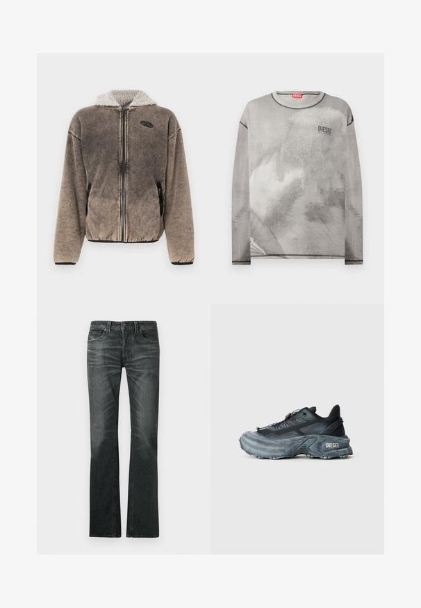 Veste en polaire marron zippée, avec une capuche doublée en sherpa et des poches latérales, dotée d'un petit écusson logo noir sur la poitrine gauche.; Sweat-shirt Diesel gris clair à manches longues avec un imprimé abstrait subtil et des détails de surpiqûres noires contrastantes au niveau de l'encolure, des poignets et de l'ourlet.; Jean en denim gris foncé avec une silhouette évasée, dotée d'une fermeture à bouton, de cinq poches et d'un léger délavage à l'avant.; Baskets Diesel noires et grises avec semelle épaisse, système de laçage à bascule et design texturé sur fond gris clair uni.