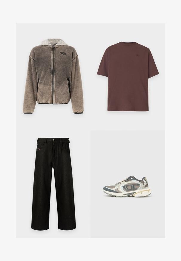 Veste en polaire marron zippée, avec une capuche doublée en sherpa et des poches latérales, dotée d'un petit écusson logo noir sur la poitrine gauche.; T-shirt marron à manches courtes et col rond avec un petit logo ovale ton sur ton sur la poitrine gauche, présenté sur un fond blanc.; Jean noir à jambes larges en denim, présentant une fermeture éclair, cinq poches et un branding discret sur la poche avant. Tissu durable et texturé.; Chaussures de sport en matériaux gris, blanc et beige, dotées d'une tige en mesh, d'une semelle épaisse et d'accents texturés. Détails réfléchissants sur les côtés.