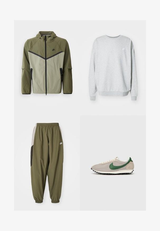 Pánska Nike bunda v olivovo zelenej a svetlo šedej farbe, s predným zipsom, kapucňou a čiernymi akcentmi. Vyrobená z ľahkej, štruktúrovanej tkaniny.; Šedá mikina zo zmesi bavlny, s okrúhlym výstrihom, spustenými ramennými švami a malým bielym logom na hrudi.; Olivovo zelené športové nohavice Nike s elastickým pásom a manžetami. Obsahujú bočné panely v svetlošedej a tmavošedej farbe s detailom loga.; Bežové bežecké topánky so zelenými semišovými akcentmi, textúrovaný sieťovaný zvršok, krémové šnúrky a čierna gumová podrážka s protišmykovými hrotmi.